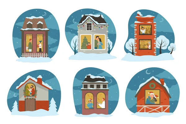 Personnages Célébrant Les Vacances Hiver Maison Les Personnes Famille Les — Image vectorielle