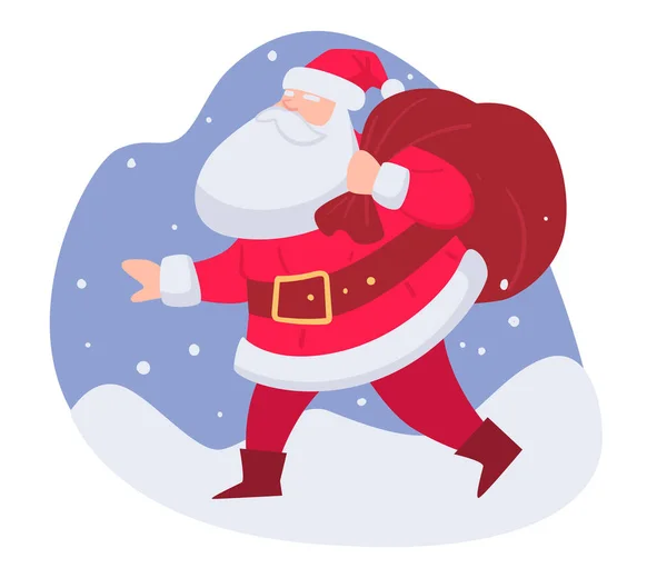 Святкування Різдва Привітання Зимових Свят Санта Клаус Несе Сумку Подарунками — стоковий вектор
