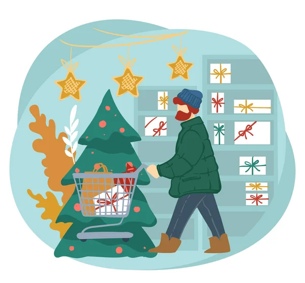 男主角为新年或圣诞节买礼物 过冬庆祝和娱乐 男人与购物车 选择松树 带装饰和礼品盒的商场 平面矢量 — 图库矢量图片