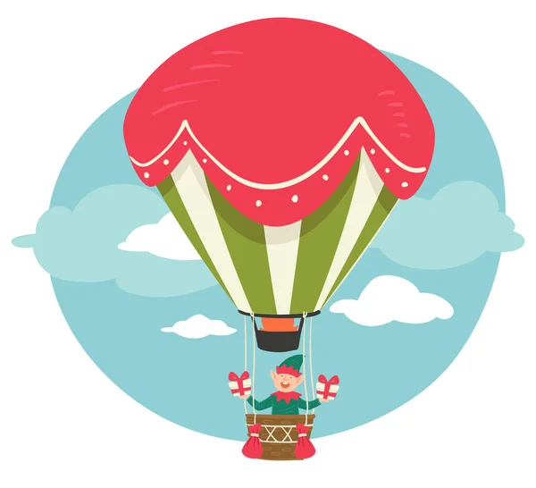 Xmas Character Flying Hot Air Balloon Holding Presents Christmas Vintage — Stock Vector
