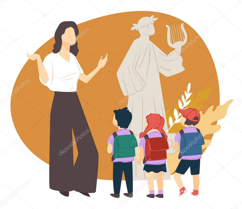 School excursion and trip to museum of antiquity and culture. Kids listening to guide or teacher explaining of greek mythology, art and philosophy. Statue of Vergil in wreath, vector in flat style