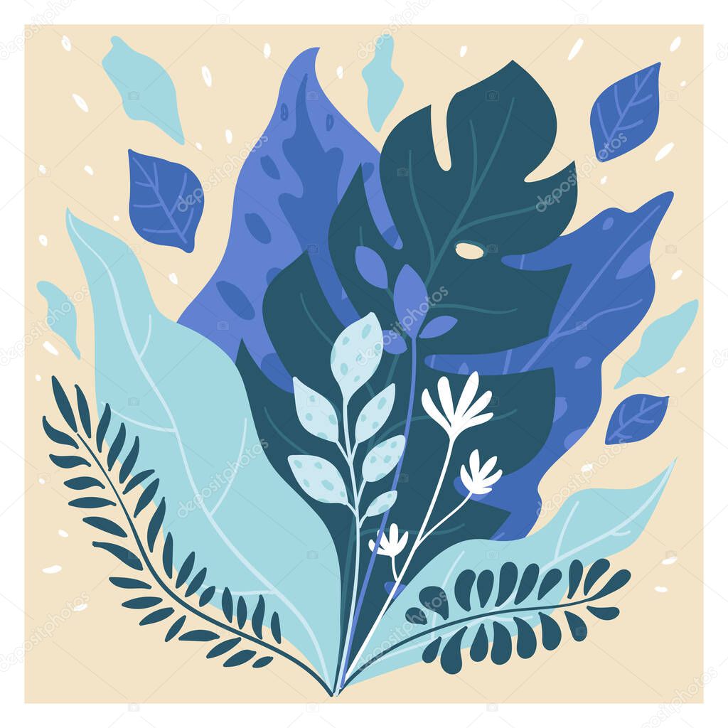 Spring or summer flowering, shrubs with flowers and wide leaves. Foliage and flourishing plants, botanic diversity of season. Ornamental bouquet composition with herbs and twigs, vector in flat style