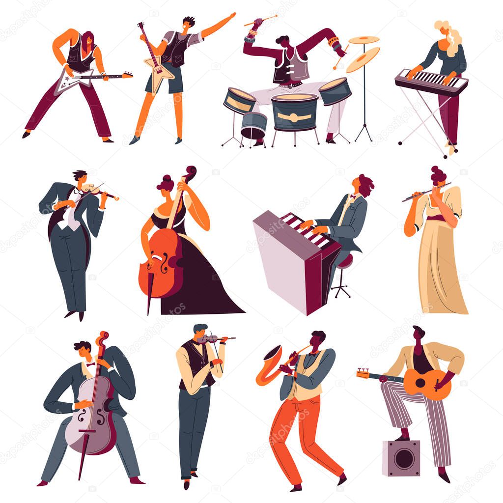 Orchestra musicians playing instrument in band. Guitarist and drummer, pianist and violinist. Flute and trumpet, saxophone and acoustic guitar. Talented people giving performance vector in flat style