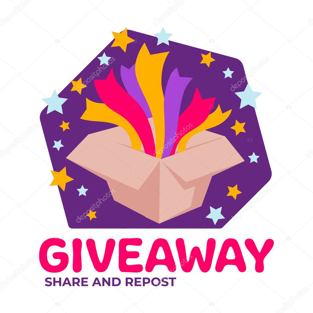 Social media online competition of followers and subscribers. Giveaway giving presents and gifts for activity on pages and accounts. Marketing and advertisement of products promotion, vector