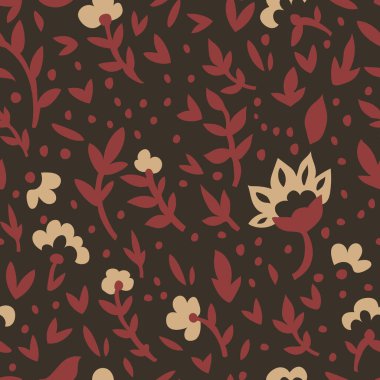 Tekstil ve ambalaj için uygun dekoratif, pürüzsüz bir vektör çizimi olarak düzenlenmiş kırmızı ve krem renkli basit çiçek siluetleri.