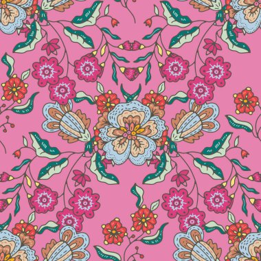 Büyük süs çiçekleri ve pembe arka planda yapraklar dekoratif, pürüzsüz vektör çizimi olarak dizayn edilmiş. Kumaş ve duvar kağıdı için mükemmel..