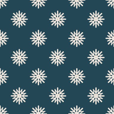Kışın dekorasyon ve tatil tasarımı için minimum düz stil ile koyu mavi zemin üzerinde beyaz kar tanelerinin kusursuz vektör çizimi.