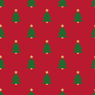 Yeşil Noel ağaçlarının üzerinde kırmızı arka planda altın yıldızlarla süslenmiş kusursuz vektör deseni. Tatil dekorasyonu ve tekstil için düz bir şenlik tarzında..