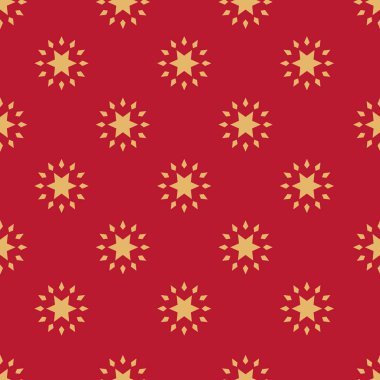 Kırmızı zemin üzerinde altın dekoratif yıldızlı kusursuz vektör deseni Noel tekstili, ambalaj ve mevsimsel tasarım için düz şenlik tarzında..