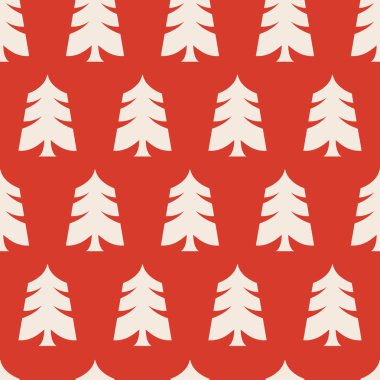 Noel süsü, tekstil ve ambalaj kağıdı için parlak kırmızı zemin üzerinde krem çam ağaçlarıyla kusursuz vektör çizimi.