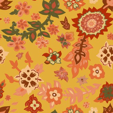 Dekoratif halk tarzında sarı arka planda çiçek ve yapraklarla kusursuz vektör süsü, tekstil ve duvar kağıtları için mükemmel..