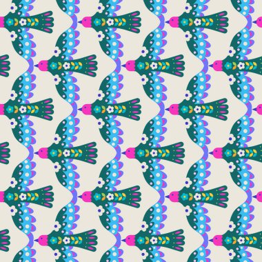 Renkli halk sanatı kuşlarının vektör illüstrasyonunda canlı kanatları var. Kumaş tasarımı, duvar kağıdı ve festival projeleri için mükemmel..