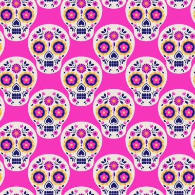 Parlak Meksika halk sanatları çiziminde süslenmiş şeker kafataslarının kusursuz deseni. Ölüler Günü için mükemmel tasarım ve tekstil.