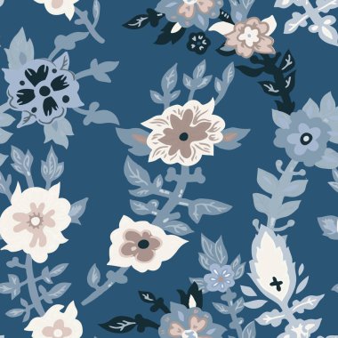 Süslü çiçeklerin kusursuz desenleri, mavi ve bej renkleri, halk sanatı tarzı vektör illüstrasyonunda. Duvar kağıtları kumaşları ve ambalaj tasarımı için uygun.