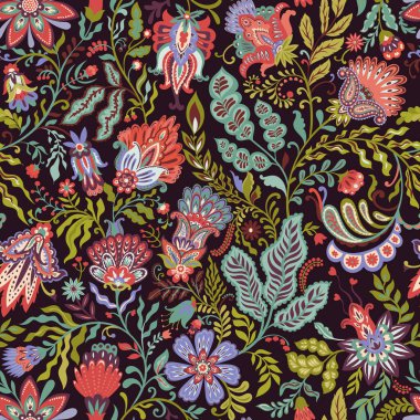 Şekillendirilmiş süs çiçekleri ve sıcak kahverengi palette yeşillik ile vektörsüz desen, tekstil, duvar kağıdı, hediye paketi ve süsleme için mükemmel..