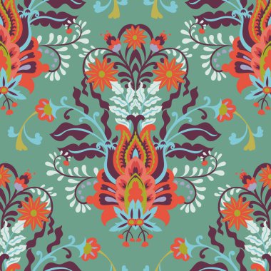 Klasik tarzda süslenmiş çiçek motifleriyle kusursuz vektör damaske deseni, tekstil, duvar kağıdı, ambalaj ve iç dekoratif projeleri için uygun..