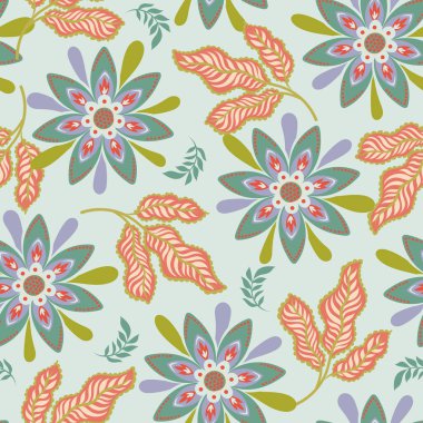 Dekoratif pastel desenli kusursuz vektör deseni stilize çiçekler ve yapraklar, tekstil, duvar kağıdı, hediye ambalajı ve yüzey tasarımı için uygun..