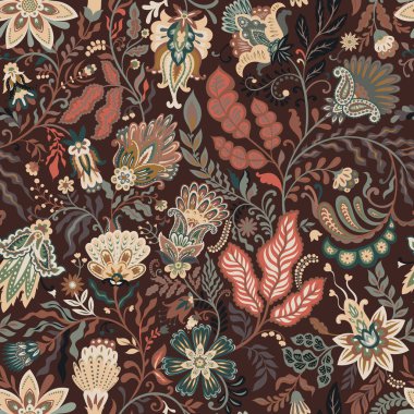 Şekillendirilmiş süs çiçekleri ve sıcak kahverengi palette yeşillik ile vektörsüz desen, tekstil, duvar kağıdı, hediye paketi ve süsleme için mükemmel..