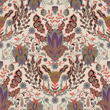 Donuk bej, pas ve menekşeli süslü kumaş çiçekleri. Duvar kâğıdı ve tekstil için kalıtımsal, dikişsiz duvar halısı deseni..