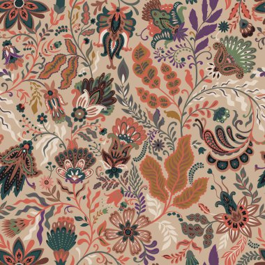 Süslü halk sanatı tarzında karmaşık çiçek ve yapraklı unsurlar içeren kusursuz desen, tekstil, duvar kâğıtları ve baskılar için vektör çizimi.