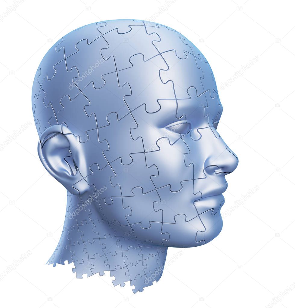 Puzzle Shaped Human Head isolated on White Background, 3D illustration