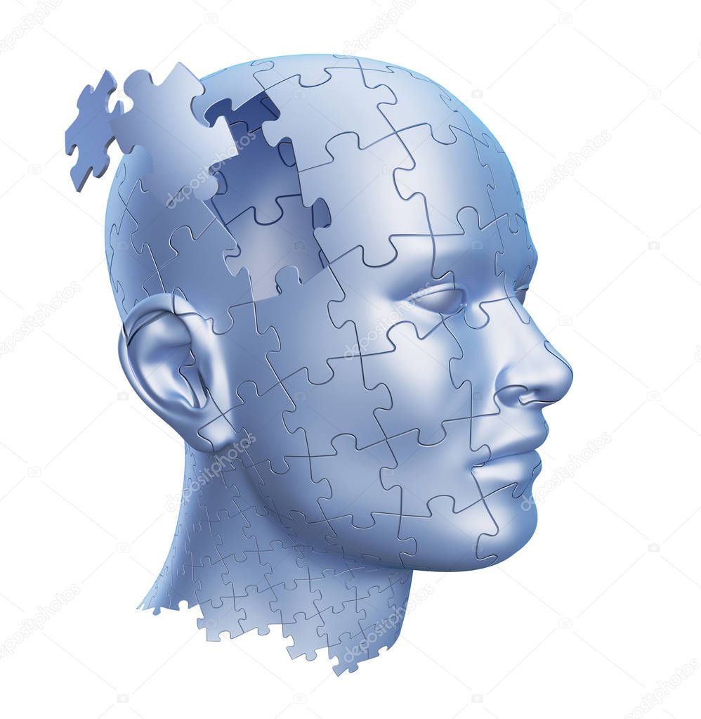 Puzzle Shaped Human Head isolated on White Background, 3D illustration