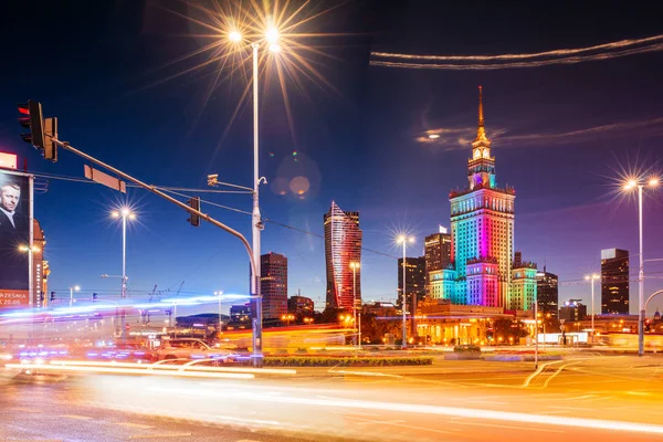 Varşova Polonya Eylül 2018 Kültür Sarayı Bilim Gece Saatinde Trafik — Stok fotoğraf