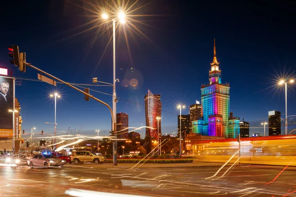 Warsaw Poland Sept 2018 Palace Culture Science Night Traffic Rush — Stock Photo, Image