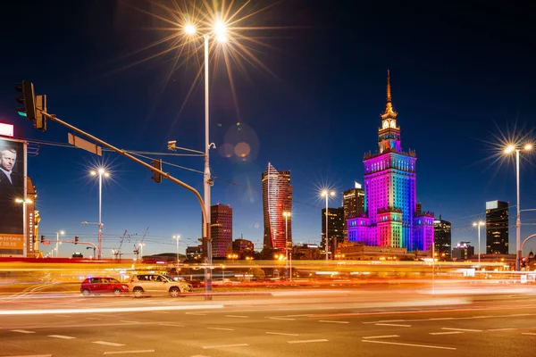 Varšava Polsko Září 2018 Palác Kultury Vědy Noční Provoz Během — Stock fotografie