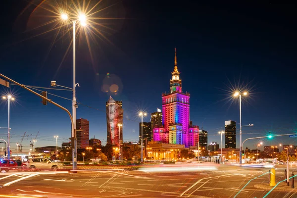 Warsaw Poland Sept 2018 Palace Culture Science Night Traffic Rush — Stock Photo, Image