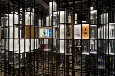 Varşova, Polonya - 20 Ekim 2018: Votka şişeleri formu Varşova votka Müzesi, Varşova, Polonya görüntülenen geçmiş 