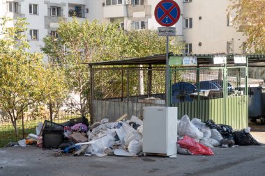 Cluj Napoca, Romanya - 25 Ekim 2019: Romanya 'nın Cluj Napoca kentindeki banliyölerde toplanmamış çöp. 