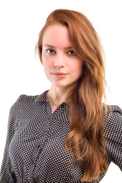 Retrato de uma jovem mulher confiante isolado fundo branco — Fotografia de Stock