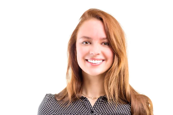 Retrato de uma jovem mulher confiante isolado fundo branco — Fotografia de Stock