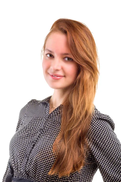 Portret van een zelfverzekerde jonge vrouw geïsoleerde witte achtergrond — Stockfoto