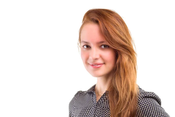 Retrato de uma jovem mulher confiante isolado fundo branco — Fotografia de Stock