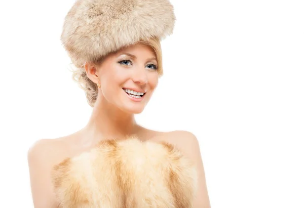 Beautiful woman in fashion Fur Coat, isolated on white background. — Stock Photo, Image