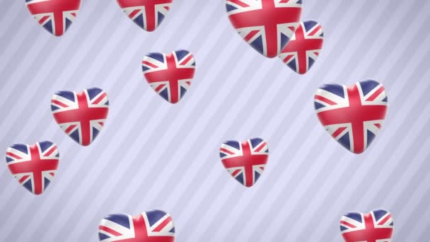 Fliegende Beflaggte Herzen Großbritannien Looping Alphakanal Ist Enthalten — Stockvideo