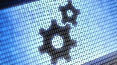 Dişli simgesini üstünde belgili tanımlık perde. 4k çözünürlüklü. Kodlayıcı Prores 4444. Harika kalitesi. Döngü.