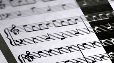 Sayfada müzik notları. Negatif görüntü. Döngü görüntüleri 4k çözünürlüğe sahiptir.