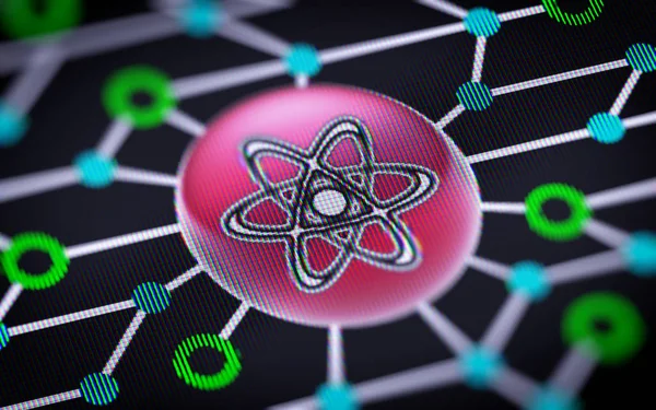 Atom Symbol Leiterplatte Auf Dem Bildschirm — Stockfoto