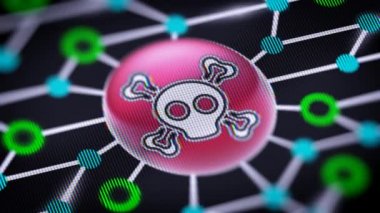 Virüs simgesi. Devre kartı ekranda. Codec Prores 4444 ile döngü görüntüleri.