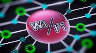 Wi-Fi simgesi. Devre kartı ekranda. Kodec Prores 4444 ile döngü görüntüleri.