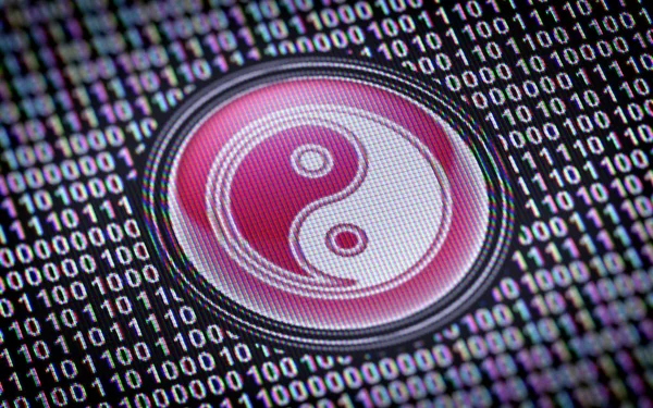 Ying Yang Ikone Binärcode Bit Array Auf Dem Bildschirm — Stockfoto