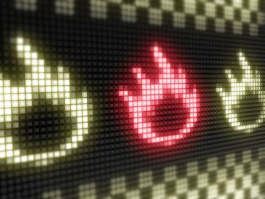 Flame icon, lighted pixelated sign on dark led board clipart