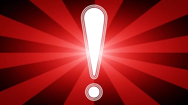 Attention icon in red abstract background with rays. Looping footage with Prores 4444 and 4K resolution.