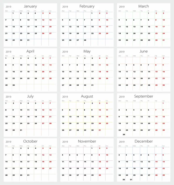 Calendario Vettoriale 2019 Versione Inglese — Vettoriale Stock