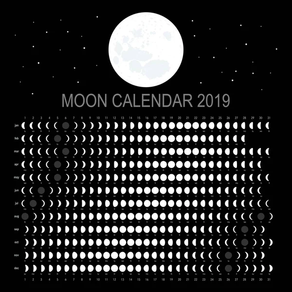 Mondkalender 2019 Englische Version — Stockvektor