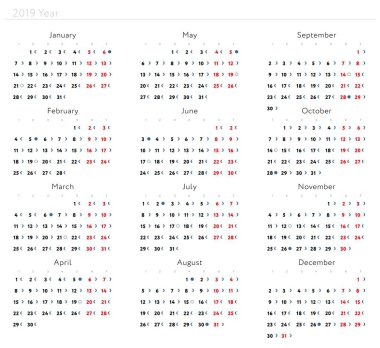 Normal takvim Kılavuzu ile ay evreleri, yıl 2019