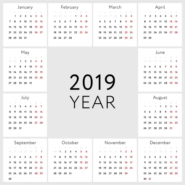 Wektor Kalendarzowy 2019 Wersja Angielska — Wektor stockowy